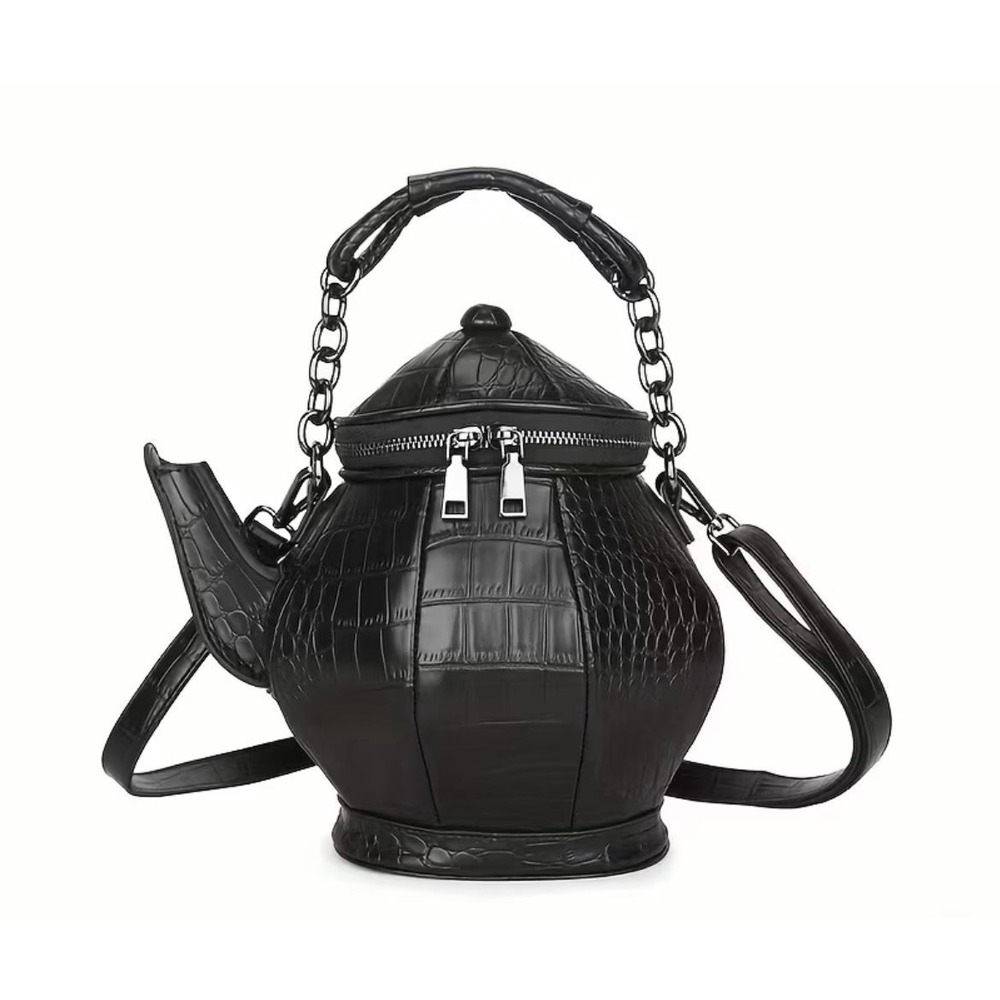 Novelty Teapot Crossbody Bag Black Faux Croc Purse Whimsigoth Gothic Handbag New